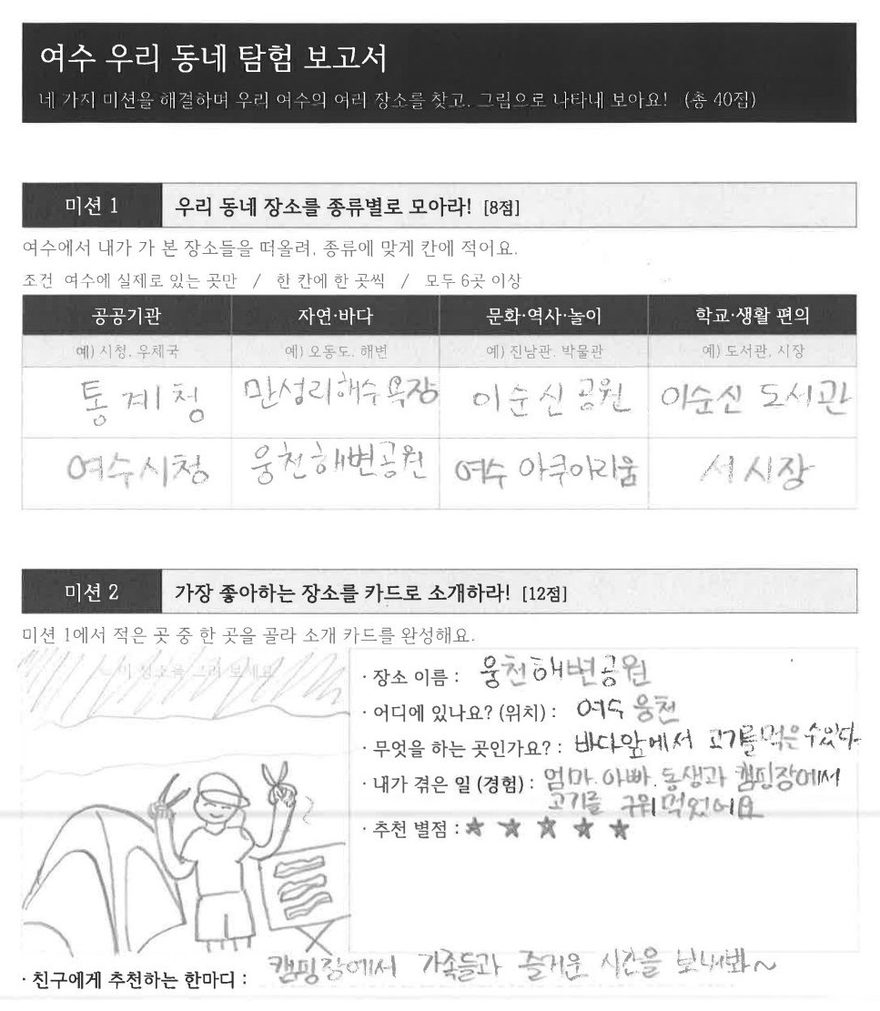 초등학교 사회 탐험 보고서. 표에 쓴 글씨와 직접 그린 그림이 함께 있어요